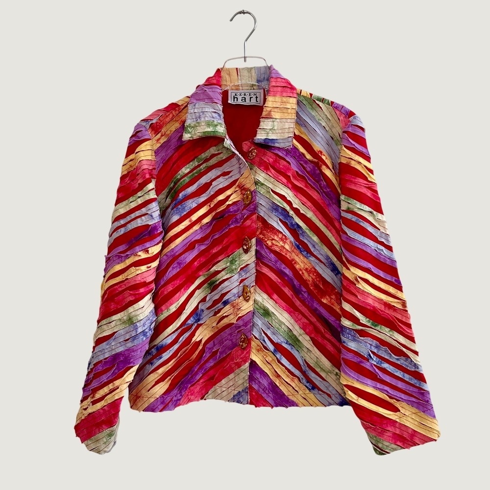 Keren Hart Womens Multi Color Ribbon Stripe Button Front Jacket Size M Cotton